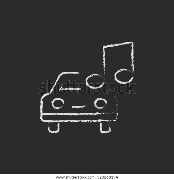 Car with music note\
hand drawn in chalk on a blackboard vector white icon isolated on a\
black background.