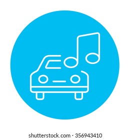 Car with music note line icon for web, mobile and infographics. Vector white icon on the light blue circle isolated on white background.