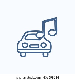 Coche con nota musical icono de esbozo vectorial aislado en el fondo. Auto dibujado a mano con un icono de nota musical. Coche con icono de boceto de notas musicales para infografía, sitio web o aplicación.