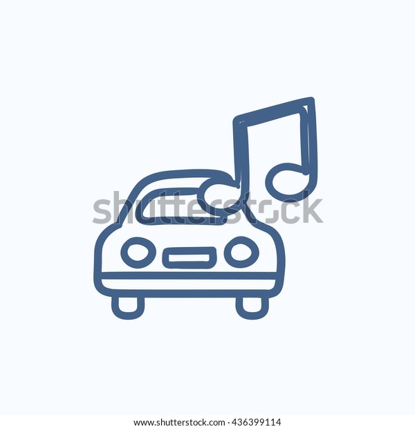 Car with music note vector\
sketch icon isolated on background. Hand drawn Car with music note\
icon. Car with music note sketch icon for infographic, website or\
app.