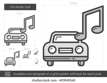 Car music vector line icon isolated on white background. Car music line icon for infographic, website or app. Scalable icon designed on a grid system.