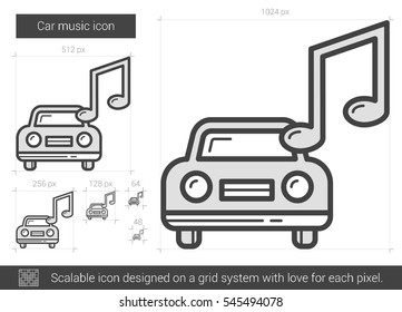 Icono de línea vectorial de la música del auto aislado en fondo blanco. Icono de la línea de música del auto para infografía, sitio web o aplicación. Icono escalable diseñado en un sistema de cuadrícula.