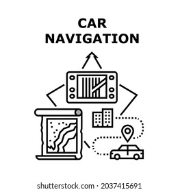 Vektor-Vektorsymbol-Konzept des Fahrzeugnavigationsgeräts. Automobil-Navigationsgerät für die Suche nach Road Way, Automobile Gadget-Technologie. GPS Digital Electronic System und Karte Papier schwarze Illustration