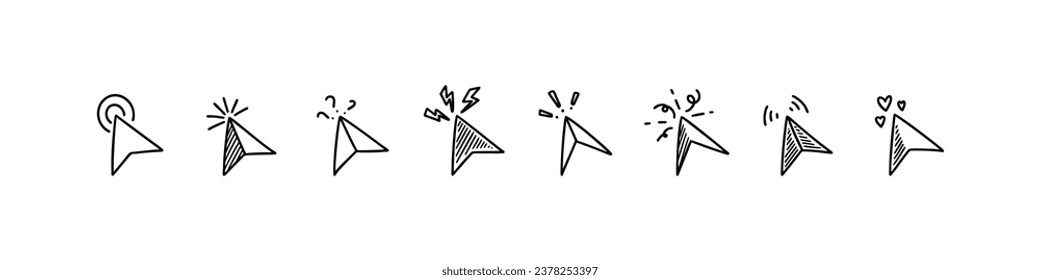 Car navigation doodle pointer set. Hand drawn sketch click icon. Sketch vector illustration. Engraved mouse cursor. GPS arrow sign