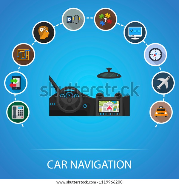 Car navigation flat icons concept.\
Vector illustration. Element template for\
design.