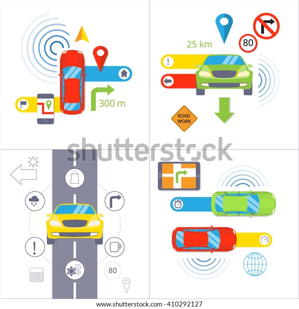 Car navigation. GPS navigation concept. Set of 4\
flat vector illustration isolated on white background. Colorful\
car, pin, arrow, road, icon, map symbol, phone, road sign, color\
template for you text