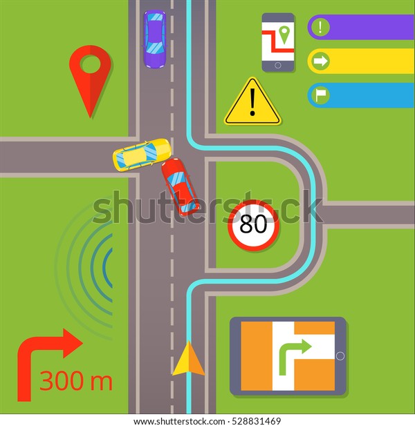 Car navigation. GPS\
navigation concept. Warning about the accident on the road and the\
path of the detour