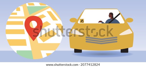 Car navigation,\
inclusive African driver. Flat vector stock illustration.\
Geolocation on the map. Geolocation application. GPS technology.\
Mark online. Vector\
graphics