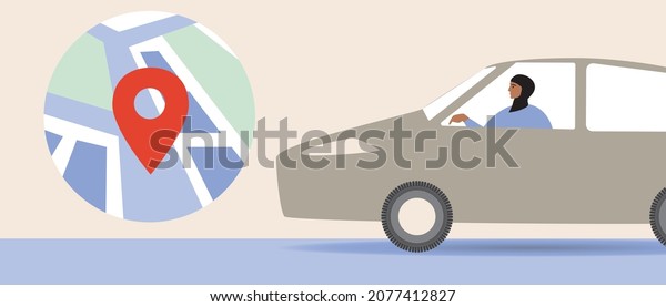 Car\
navigation, islamic woman driver. Flat vector stock illustration.\
Geolocation and GPS on the map. Geolocation application. GPS\
technology. Search online. Vector\
graphics