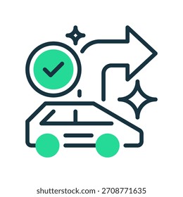 Icono de la línea de navegación del coche, símbolo del contorno para las direcciones de conducción, el enrutamiento del vehículo, la guía GPS, el viaje por carretera y el viaje del automóvil. Icono de signo de Vector.
