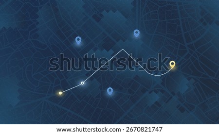 Car navigation map. Route planning with destination marker and ETA. GPS tracking system to navigate around the city. City map with car icon on planned route. Vector illustration
