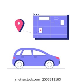 Car And Navigation Pin Next To A Digital Map In Flat Vector Illustration Symbolizing Navigation, GPS, And Travel Planning, Isolated On White Background.
