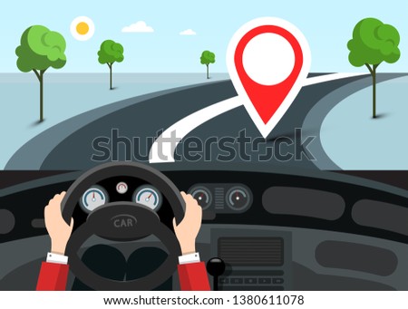 Car Navigation with Red Pin on Destination Point. Vector Flat Design Landscape with Road and Hands on Steering Wheel.