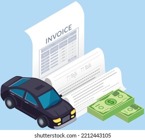 Car near check for payment, receipt for purchase of vehicle. Buying auto using bank transaction. Online shopping invoice form for automobile. Accounting bill for car payment vector illustration