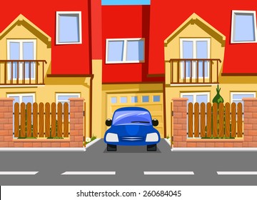 Car Near The Garage Of New House. Vector