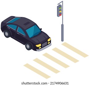Car near pedestrian crossing on street. Driver stops in front of crosswalk. Movement and transportation in city. Track with car and road marking. Automobile stands at traffic light near crosswalk