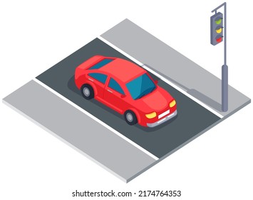 Car near traffic light on street. Driver stops in front of signal electric lantern. Movement and transportation in city. Track with car and road marking. Automobile stands at road with traffic light