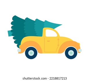 car new year with a Christmas tree on the roof 2023. Merry Christmas and new year. holiday decorations. vector illustration