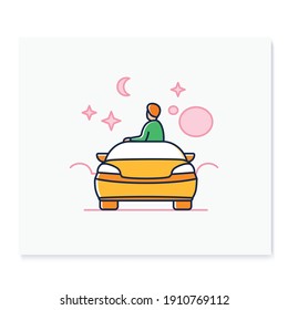 Car night color icon. Relaxing alone inside my own comfortable car. Watching stars, thinking concept. Quiet rest. Isolated vector illustration