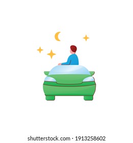 Car night flat icon. Relaxing alone inside my own comfortable car. Watching stars, thinking concept. Quiet rest. 3D color vector illustration