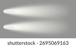 Car night lighting effect, top view. Front headlight flare. Led beam isolated on dark bg. Spotlight lamps illuminate black road. White flash glow on train head. Bright race vehicle, truck spots glare