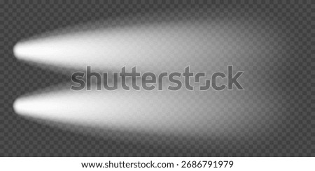 Car night lighting effect, top view. Front headlight flare. Led beam isolated on dark bg. Spotlight lamps illuminate black road. White flash glow on train head. Bright race vehicle, truck spots glare