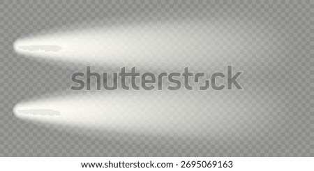 Car night lighting effect, top view. Front headlight flare. Led beam isolated on dark bg. Spotlight lamps illuminate black road. White flash glow on train head. Bright race vehicle, truck spots glare