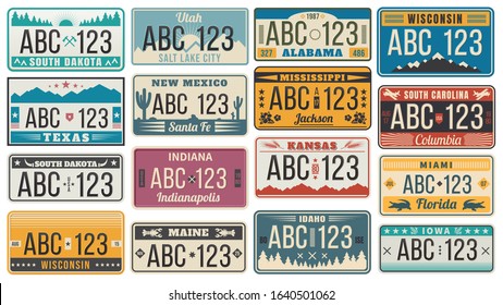 Car number license plate. Retro USA cars registration number signs, Texas, Wisconsin and Kansas license plates vector illustration set. Collection of vintage design elements with names of US states.