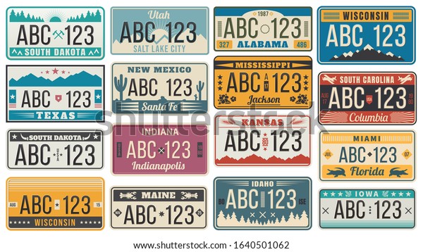 Car number license plate. Retro USA cars\
registration number signs, Texas, Wisconsin and Kansas license\
plates vector illustration set. Collection of vintage design\
elements with names of US\
states.