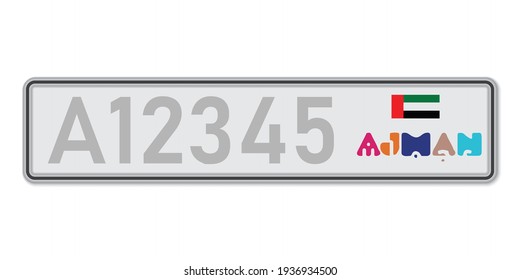 Car number plate Ajman. Vehicle registration license of United Arab Emirates. With Emirates and Abu Dhabi inscription in Arabic. European Standard sizes