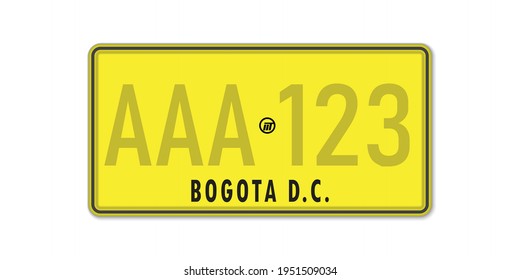 Car number plate Bogota. Vehicle registration license of Colombia. American Standard sizes