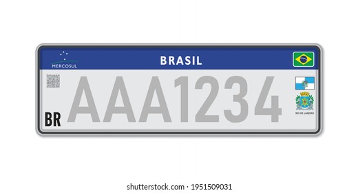 Car Number Plate Rio De Janeiro. Vehicle Registration License Of Brazil. European Standard Sizes