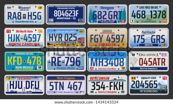 Car number plates vector design with USA vehicle\
license registration plates of auto, motorcycle and truck. Road\
transport metal signs of Texas, New Mexico, Oregon, Ohio and Dakota\
american states