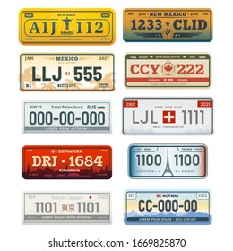 Car number plates vector registration signs set