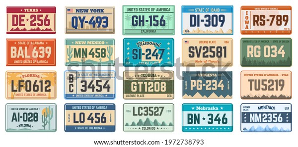 Car number\
plates. Vehicle use states license registration plates, automobile\
license plates vector illustration set. Car registration signs. ,\
registration sign number for\
auto