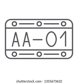 Car number thin line icon, automobile and part, metal number sign, vector graphics, a linear pattern on a white background, eps 10.