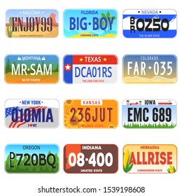 Car number vector numbered auto plate license registration symbol illustration transportation set of automobile metal transport vehicle sign isolated on white background.