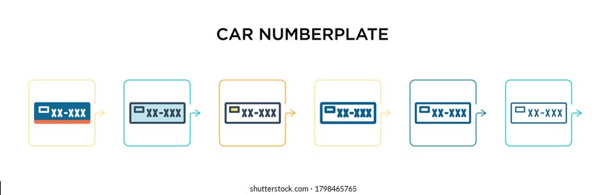 Car numberplate vector icon in 6 different modern styles. Black, two colored car numberplate icons designed in filled, outline, line and stroke style. Vector illustration can be used for web, mobile,