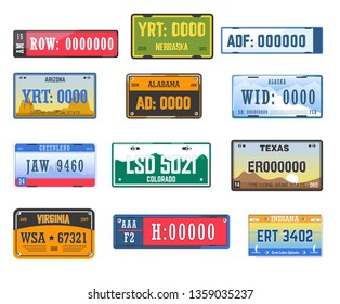 Car numbers plates vehicle license American states or districts vector Nebraska and Arizona Alabama and Alaska digits and letters transport registration automobile signboard Greenland and Colorado.