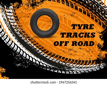 Car off road tyres tracks grungy background. Vehicle rubber tire, automobile wheel protector trails, truck or motorcycle tyre dirty treads vector texture. Car off road tires shop, service banner