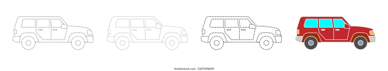 car off-road , activity page,  three different dot thicknesses variations, vector set