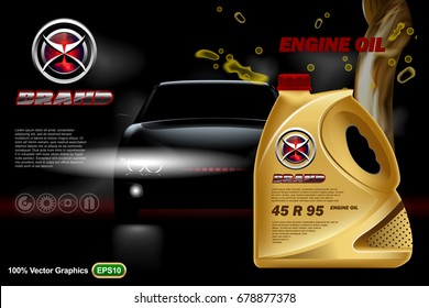 Car oil canister ads template with brand logo on dark background with vehicle. Realistic 3D vector image.