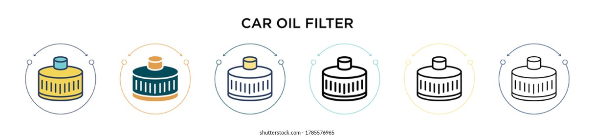 Icono de filtro de aceite de auto en el estilo relleno, delgado, contorno y trazo. Ilustración vectorial de dos íconos vectores de filtro de aceite de coche de color y negro se puede usar para móviles, ui, web