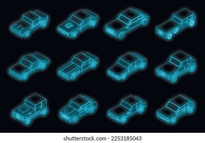 Car old icons set. Isometric set of car old vector icons neon color on black