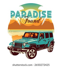 Coche en el fondo de la playa. Ilustración en círculo. Retro