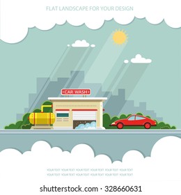 Car on the background of the city. Flat vector illustration