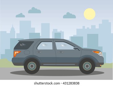 Car on the background of the city. Vector illustration.
