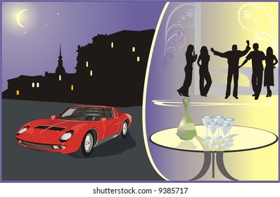 Car on a background a nightly city. Young people on an evening-party. Vector