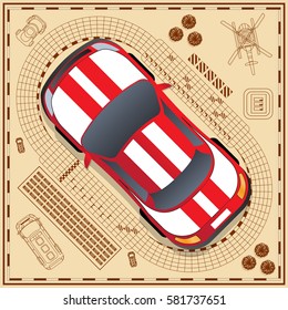 The car on a background of the race track. View from above. Vector illustration.