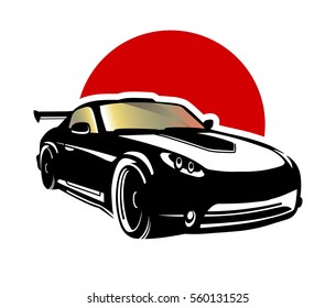 car on a background of red circle. White background. separate entity. Japan. sports car. banner.